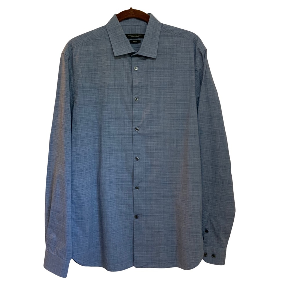 John Varvatos Blue Micro Plaid Design Dress Shirt sz 15 1/2 sleeve 34/35